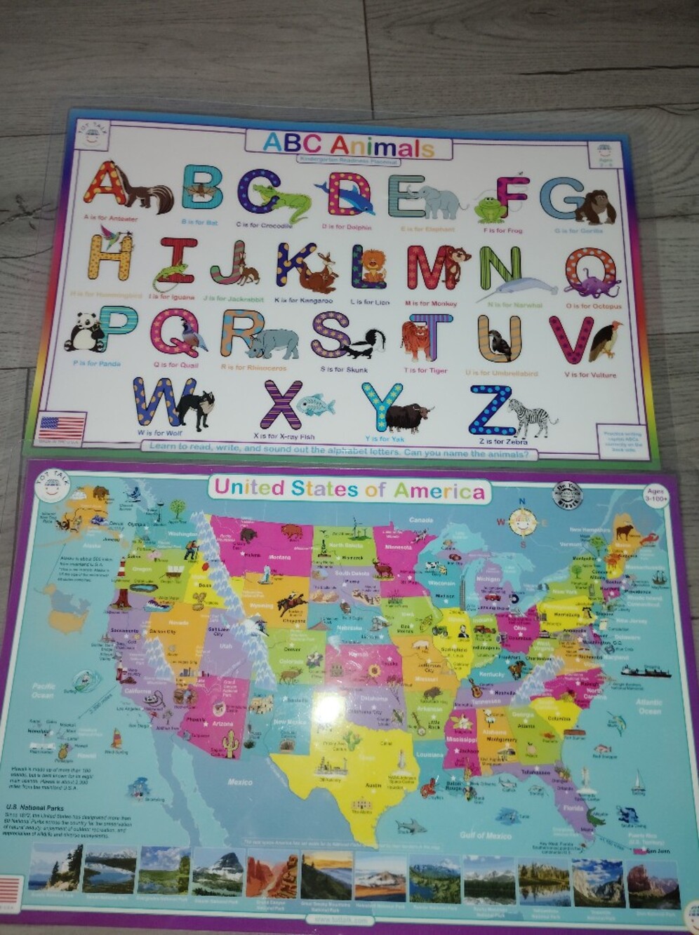 Two Duo Of Plastic Place Mats Use Dry Erase Markers On USA States & Alphabet
